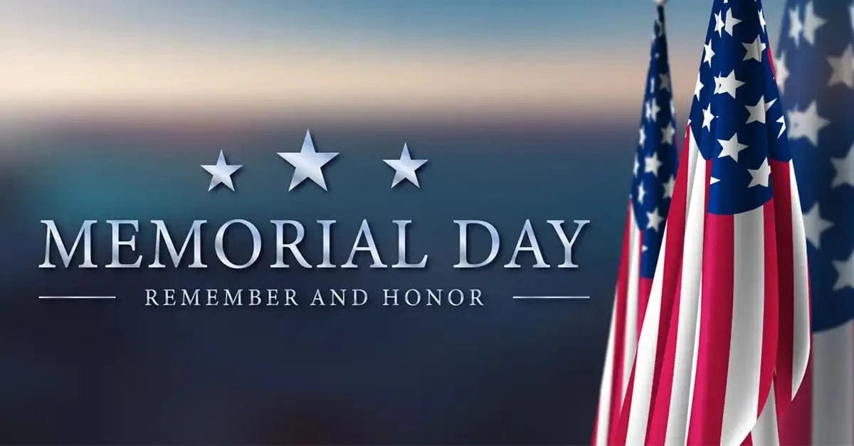 American flags and Memorial Day text with ’Remember and Honor’ message.