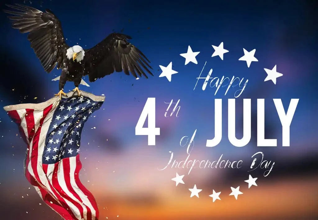 A bald eagle perches on a waving American flag with ’Happy 4th of July Independence Day’ text and stars.