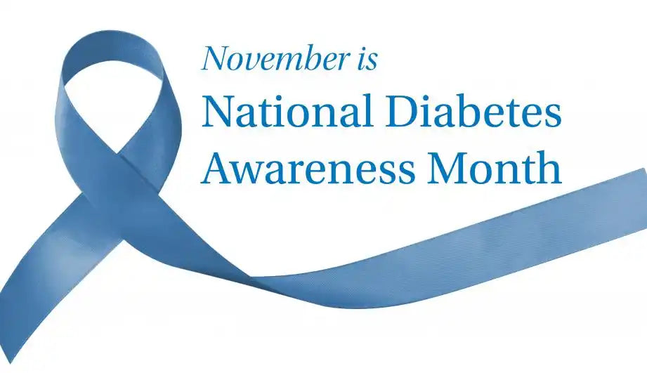 Blue awareness ribbon with text stating ’November is National Diabetes Awareness Month’