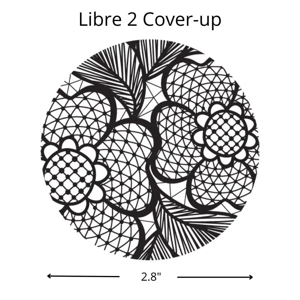 Circular black and white pattern featuring floral and geometric designs with overlapping triangles, dots, and curved lines.