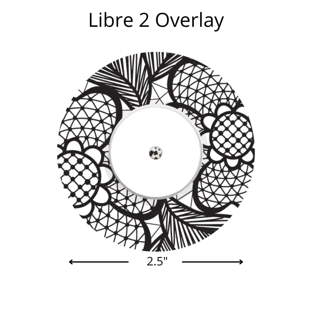 Circular black and white pattern featuring geometric shapes, palm fronds, and scales arranged in a donut shape.