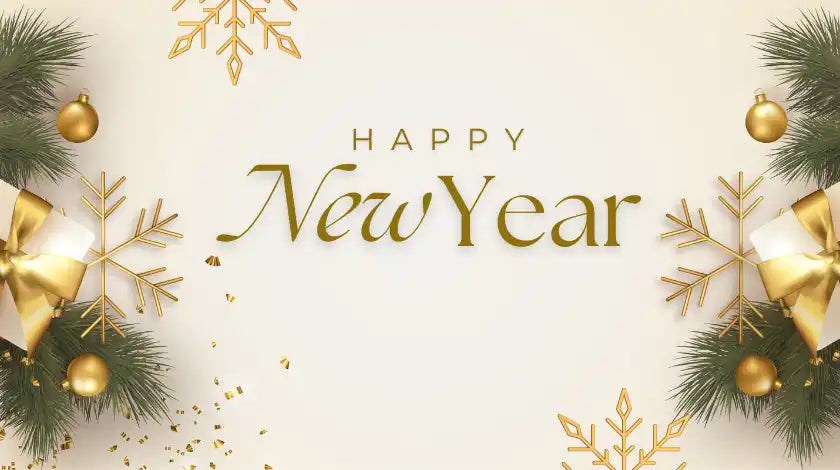 ’Happy New Year’ text in elegant gold lettering with decorative pine branches and ornaments.