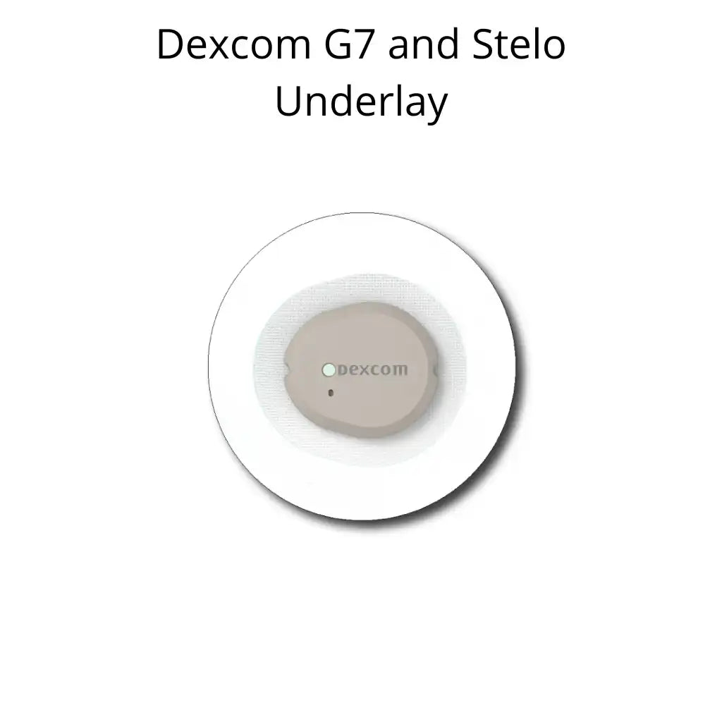 Oval-shaped Dexcom G7 continuous glucose monitoring sensor with Stelo adhesive underlay.